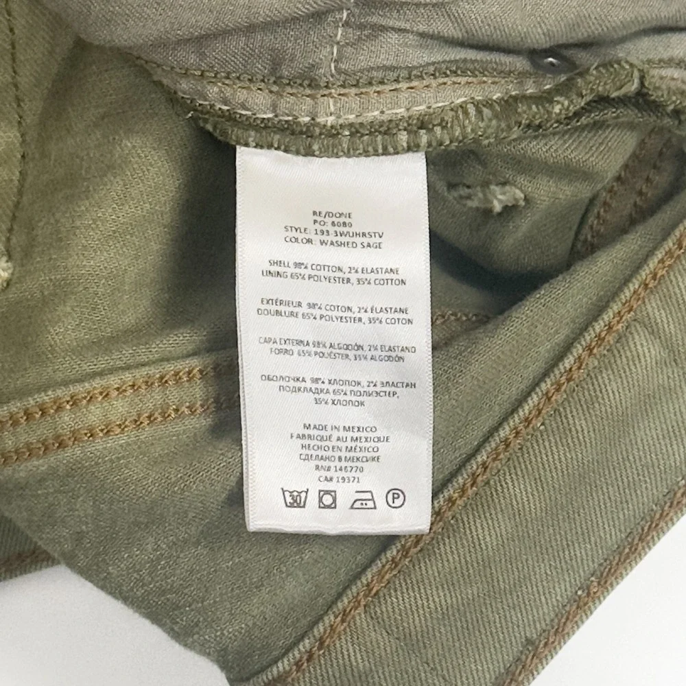 RE/DONE High Rise Ankle Crop Jeans Olive‎ Green Button Fly Raw Hem Denim Size 28